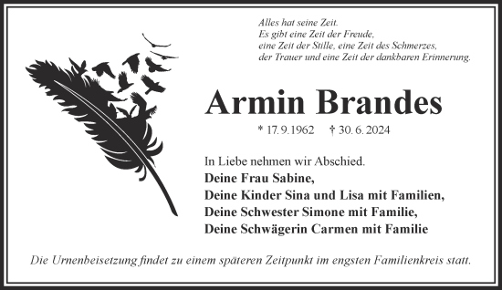 Traueranzeige von Armin Brandes von Gelnhäuser Neue Zeitung