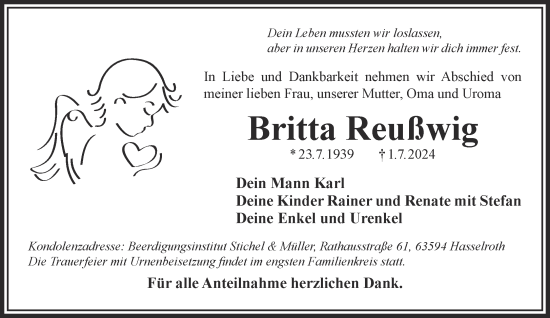 Traueranzeige von Britta Reußwig von Gelnhäuser Neue Zeitung