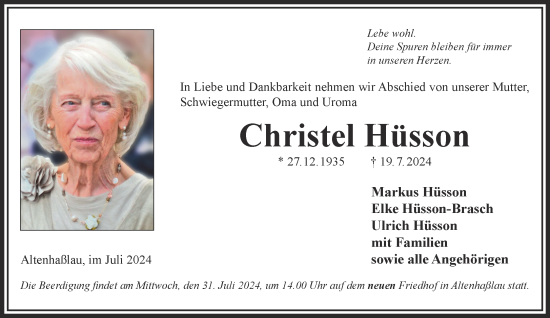 Traueranzeige von Christel Hüsson von Gelnhäuser Neue Zeitung