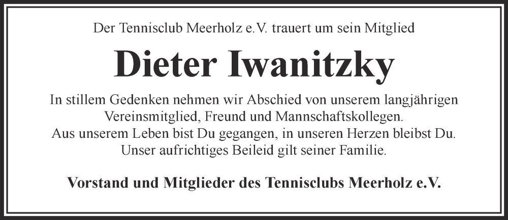  Traueranzeige für Dieter Iwanitzky vom 20.07.2024 aus Gelnhäuser Neue Zeitung