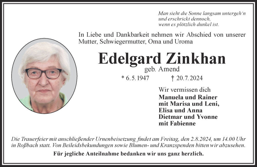  Traueranzeige für Edelgard Zinkhan vom 30.07.2024 aus Gelnhäuser Neue Zeitung