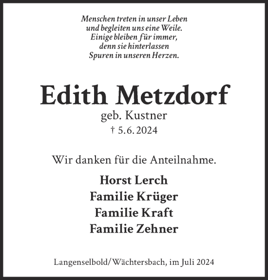 Traueranzeige von Edith Metzdorf von Gelnhäuser Neue Zeitung