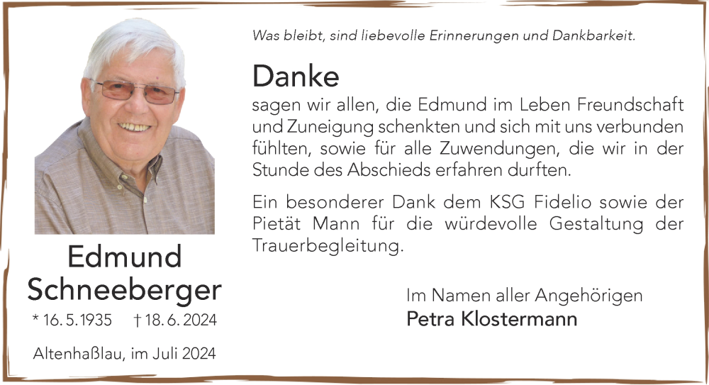  Traueranzeige für Edmund Schneeberger vom 13.07.2024 aus Mittelhessen-Bote