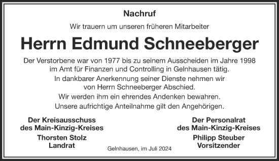 Traueranzeige von Edmund Schneeberger von Gelnhäuser Neue Zeitung