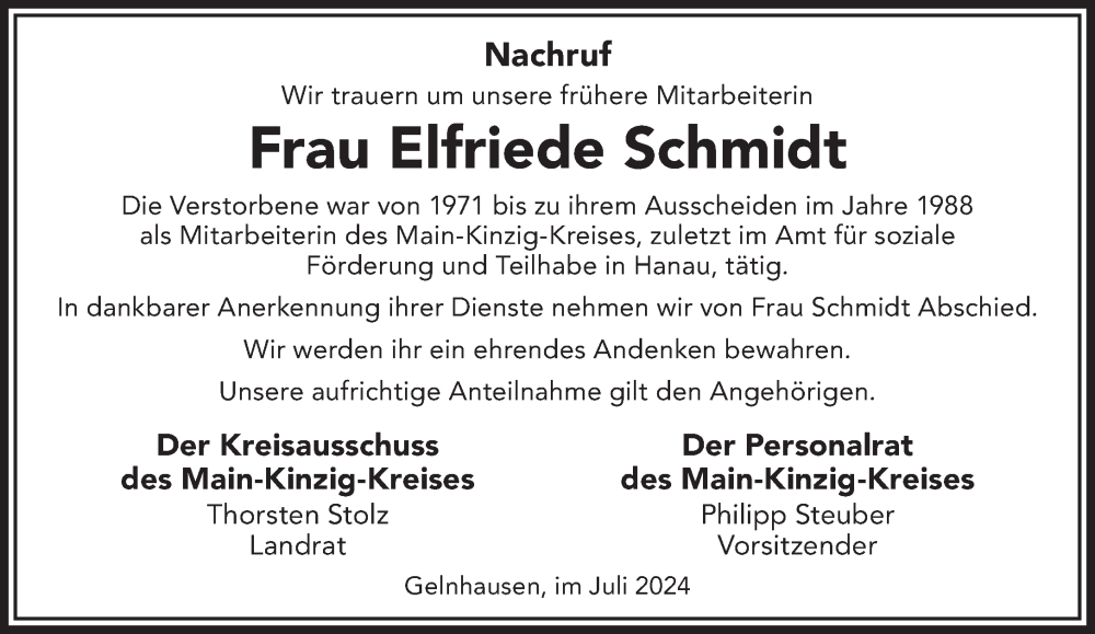  Traueranzeige für Elfriede Schmidt vom 06.07.2024 aus Mittelhessen-Bote