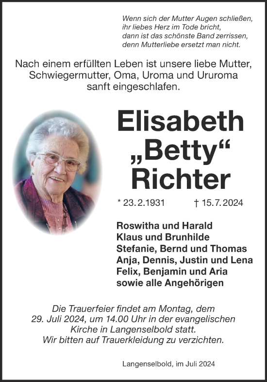 Traueranzeige von Elisabeth Richter von Gelnhäuser Neue Zeitung