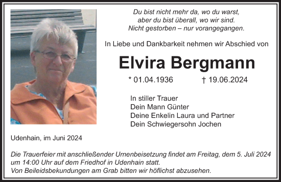 Traueranzeige von Elvira Bergmann von Gelnhäuser Neue Zeitung
