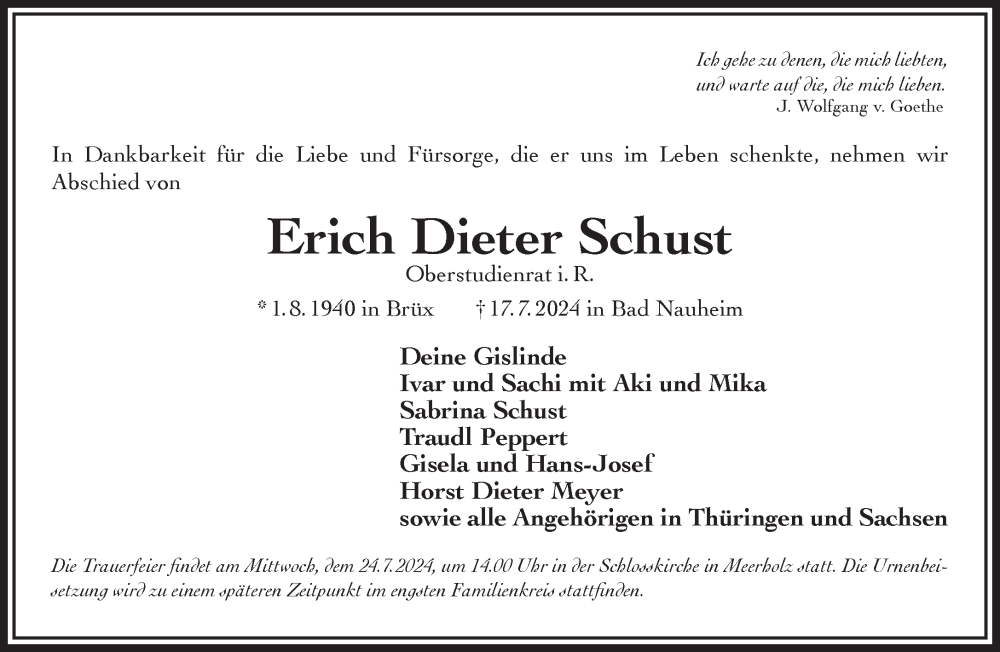  Traueranzeige für Erich Dieter Schust vom 20.07.2024 aus Gelnhäuser Neue Zeitung