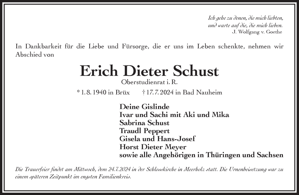  Traueranzeige für Erich Dieter Schust vom 27.07.2024 aus Mittelhessen-Bote
