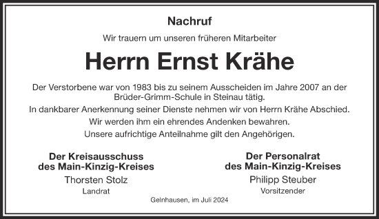 Traueranzeige von Ernst Krähe von Mittelhessen-Bote