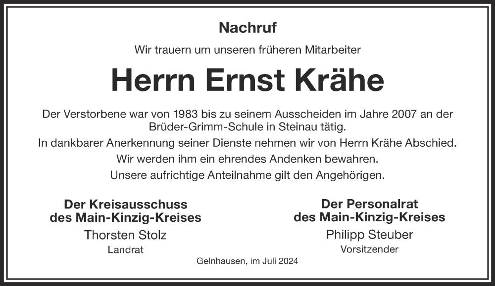  Traueranzeige für Ernst Krähe vom 27.07.2024 aus Mittelhessen-Bote