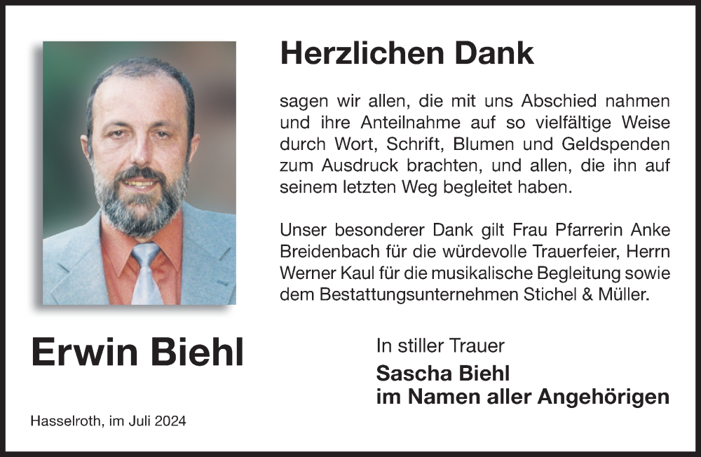  Traueranzeige für Erwin Biehl vom 27.07.2024 aus Mittelhessen-Bote