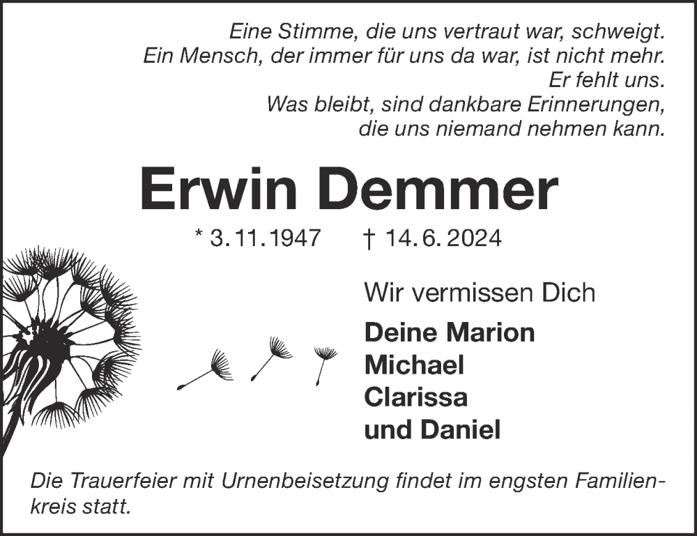  Traueranzeige für Erwin Demmer vom 06.07.2024 aus Gelnhäuser Neue Zeitung