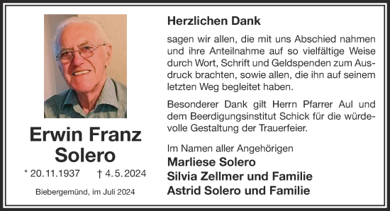 Traueranzeige von Erwin Franz Solero von Gelnhäuser Neue Zeitung