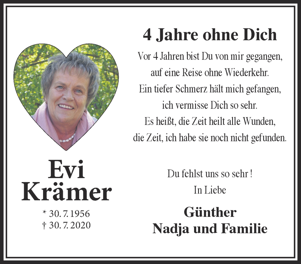  Traueranzeige für Evi Krämer vom 27.07.2024 aus Mittelhessen-Bote