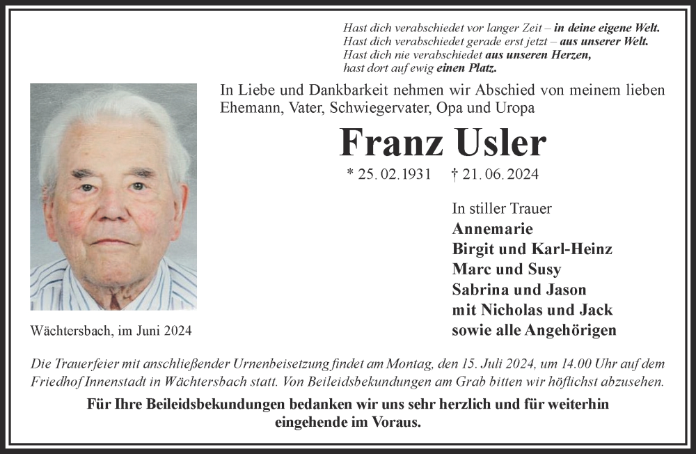  Traueranzeige für Franz Usler vom 13.07.2024 aus Mittelhessen-Bote
