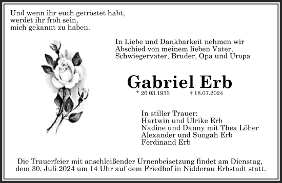 Traueranzeige von Gabriel Erb von Mittelhessen-Bote