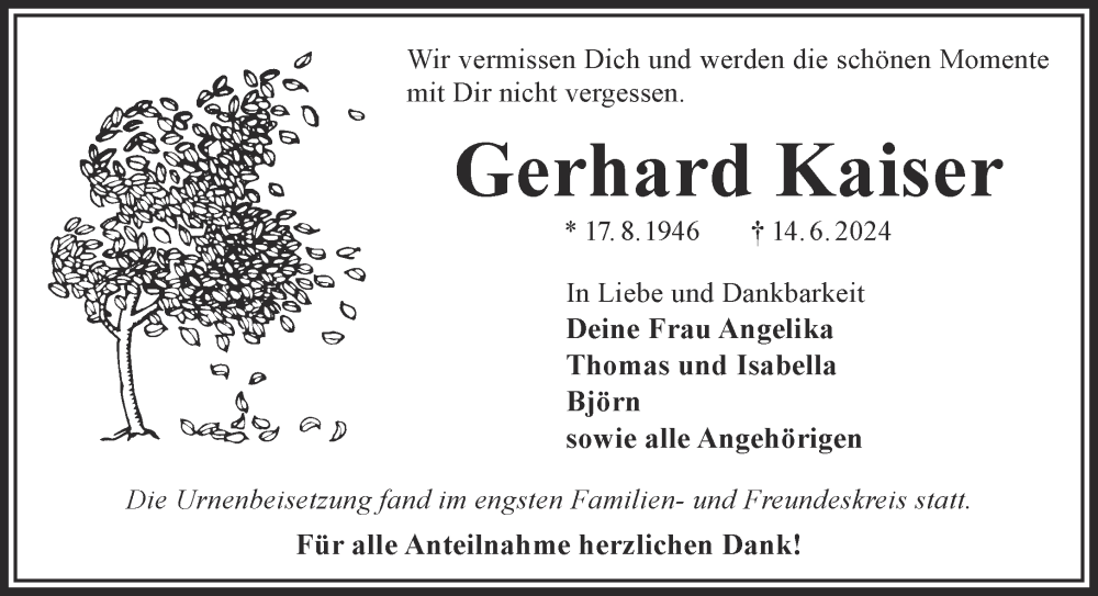  Traueranzeige für Gerhard Kaiser vom 06.07.2024 aus Gelnhäuser Neue Zeitung