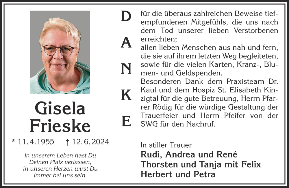  Traueranzeige für Gisela Frieske vom 13.07.2024 aus Mittelhessen-Bote