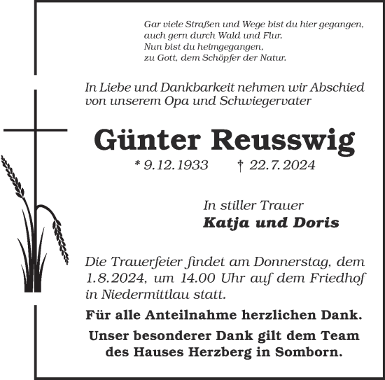 Traueranzeige von Günter Reusswig von Gelnhäuser Neue Zeitung