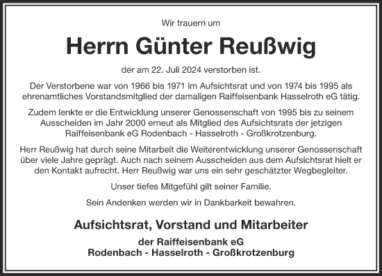 Traueranzeige von Günter Reußwig von Gelnhäuser Neue Zeitung