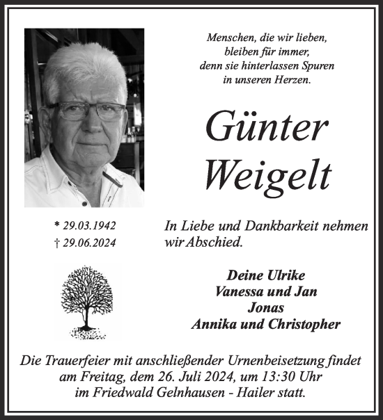 Traueranzeige von Günter Weigelt von Gelnhäuser Neue Zeitung