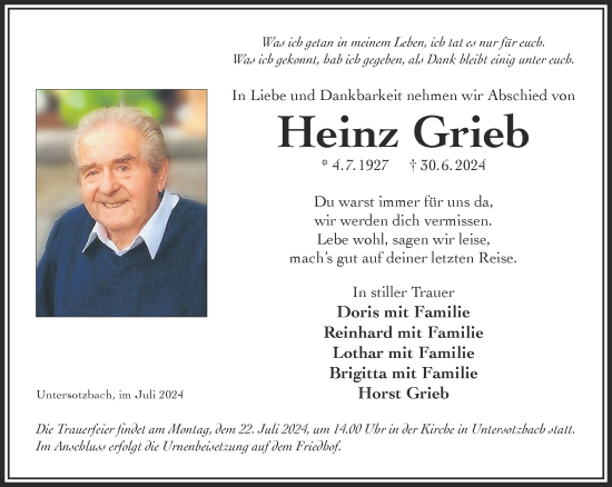 Traueranzeige von Heinz Grieb von Mittelhessen-Bote