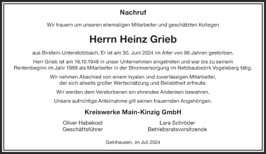 Traueranzeige von Heinz Grieb von Gelnhäuser Neue Zeitung