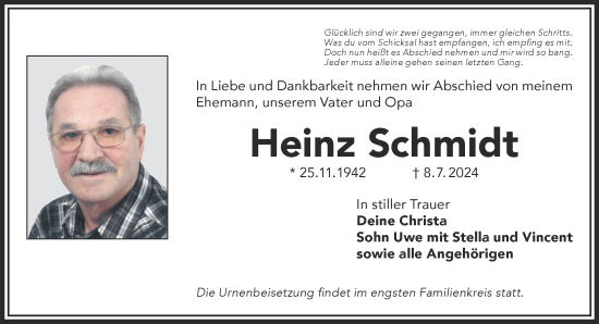 Traueranzeige von Heinz Schmidt von Gelnhäuser Neue Zeitung