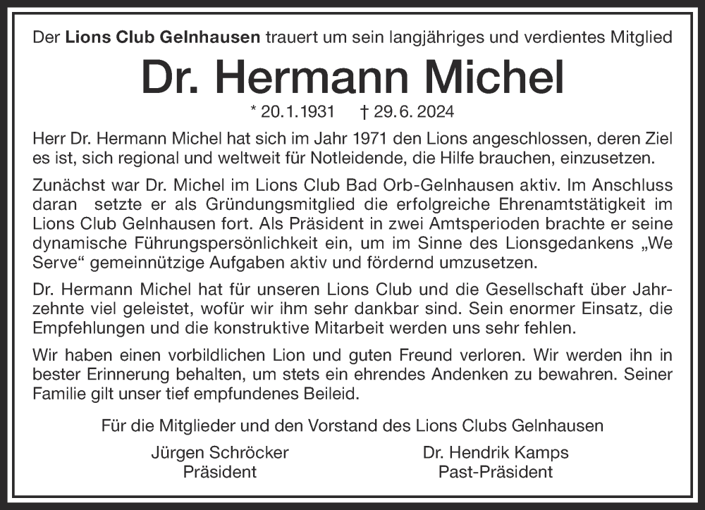  Traueranzeige für Hermann Michel vom 06.07.2024 aus Gelnhäuser Neue Zeitung