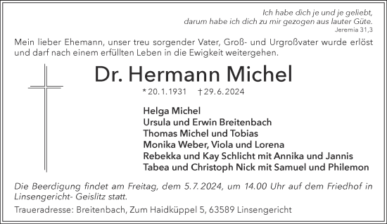 Traueranzeige von Hermann Michel von Gelnhäuser Neue Zeitung
