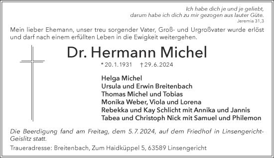 Traueranzeige von Hermann Michel von Mittelhessen-Bote