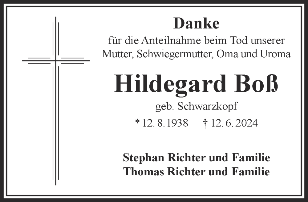  Traueranzeige für Hildegard Boß vom 06.07.2024 aus Gelnhäuser Neue Zeitung