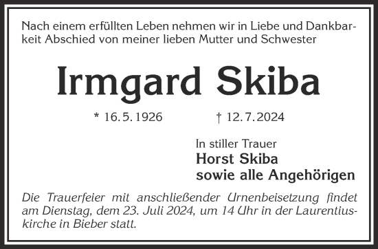 Traueranzeige von Horst Skiba von Gelnhäuser Neue Zeitung