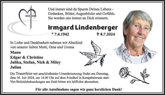 Traueranzeige von Irmgard Lindenberger von Gelnhäuser Neue Zeitung
