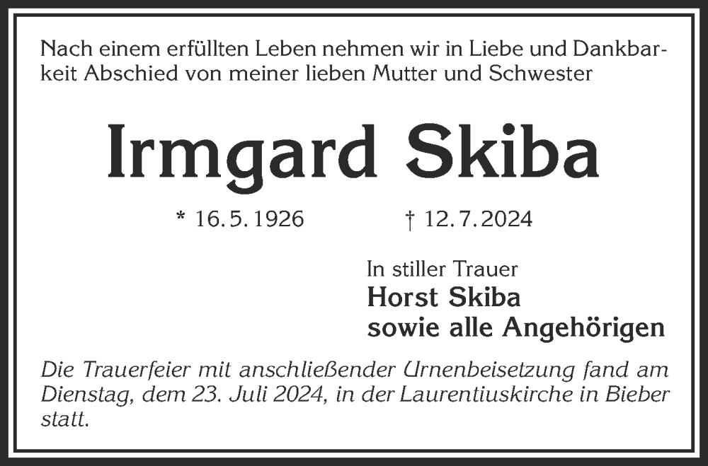  Traueranzeige für Irmgard Skiba vom 27.07.2024 aus Mittelhessen-Bote