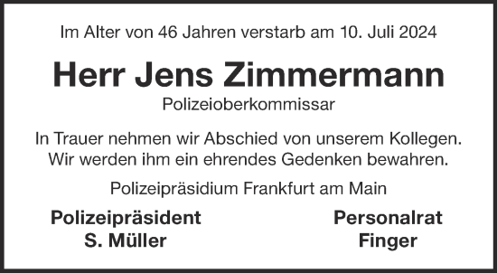 Traueranzeige von Jens Zimmermann von Gelnhäuser Neue Zeitung