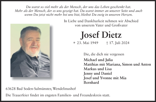 Traueranzeige von Josef Dietz von Gelnhäuser Neue Zeitung