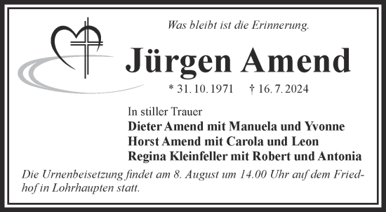 Traueranzeige von Jürgen Amend von Gelnhäuser Neue Zeitung