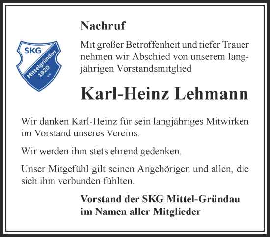 Traueranzeige von Karl-Heinz Lehmann von Gelnhäuser Neue Zeitung
