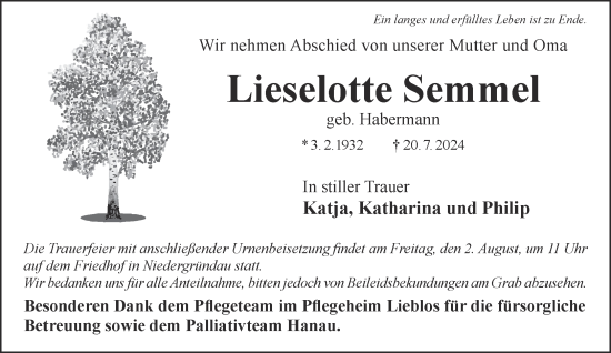 Traueranzeige von Lieselotte Semmel von Gelnhäuser Neue Zeitung