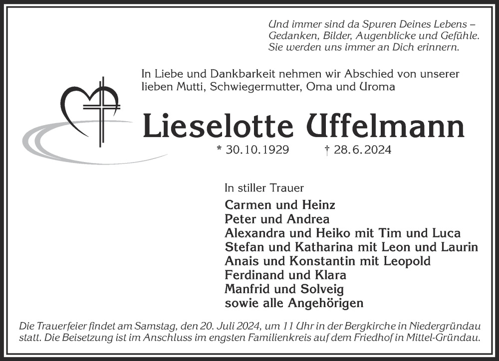  Traueranzeige für Lieselotte Uffelmann vom 13.07.2024 aus Gelnhäuser Neue Zeitung