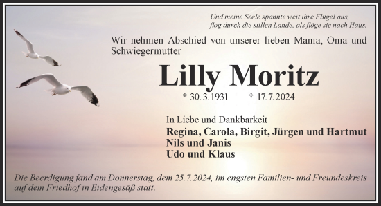 Traueranzeige von Lilly Moritz von Mittelhessen-Bote