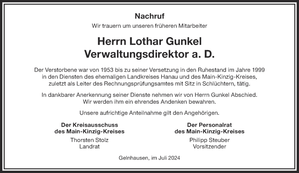  Traueranzeige für Lothar Gunkel vom 13.07.2024 aus Mittelhessen-Bote