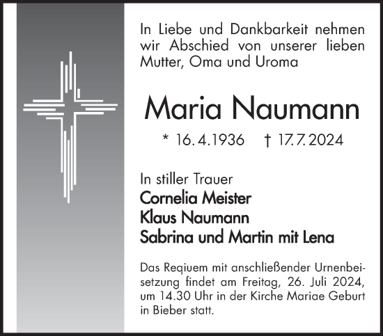 Traueranzeige von Maria Naumann von Gelnhäuser Neue Zeitung