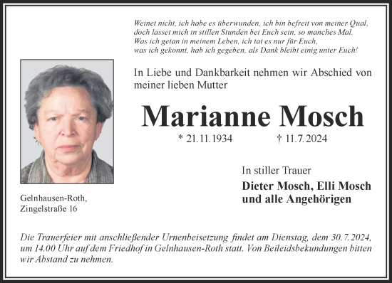 Traueranzeige von Marianne Mosch von Gelnhäuser Neue Zeitung