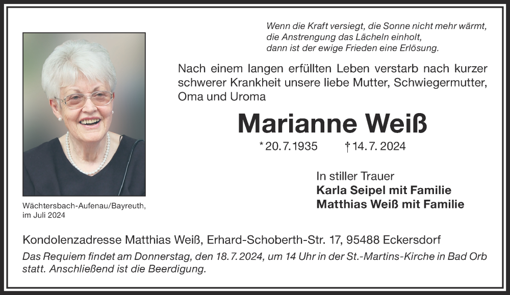  Traueranzeige für Marianne Weiß vom 20.07.2024 aus Mittelhessen-Bote
