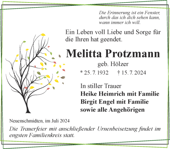 Traueranzeige von Melitta Protzmann von Mittelhessen-Bote