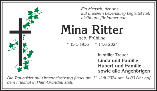 Traueranzeige von Mina Ritter von Mittelhessen-Bote