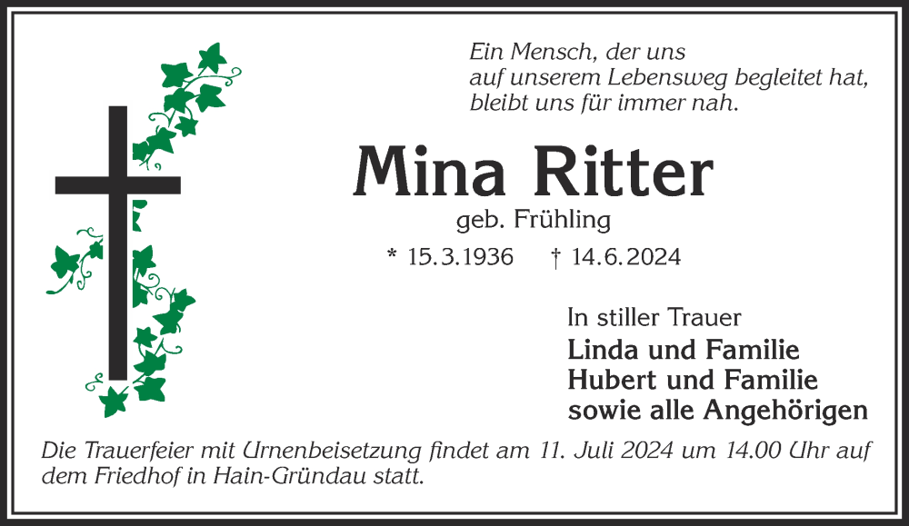  Traueranzeige für Mina Ritter vom 06.07.2024 aus Mittelhessen-Bote